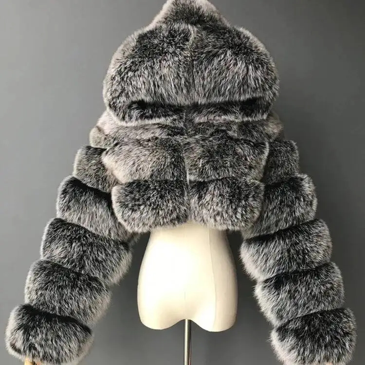 Hochwertige Kunstpelzjacke, kurzer Stil, flauschiger Top-Mantel mit Kapuze, langärmelige Pelzjacke, Damenjacke