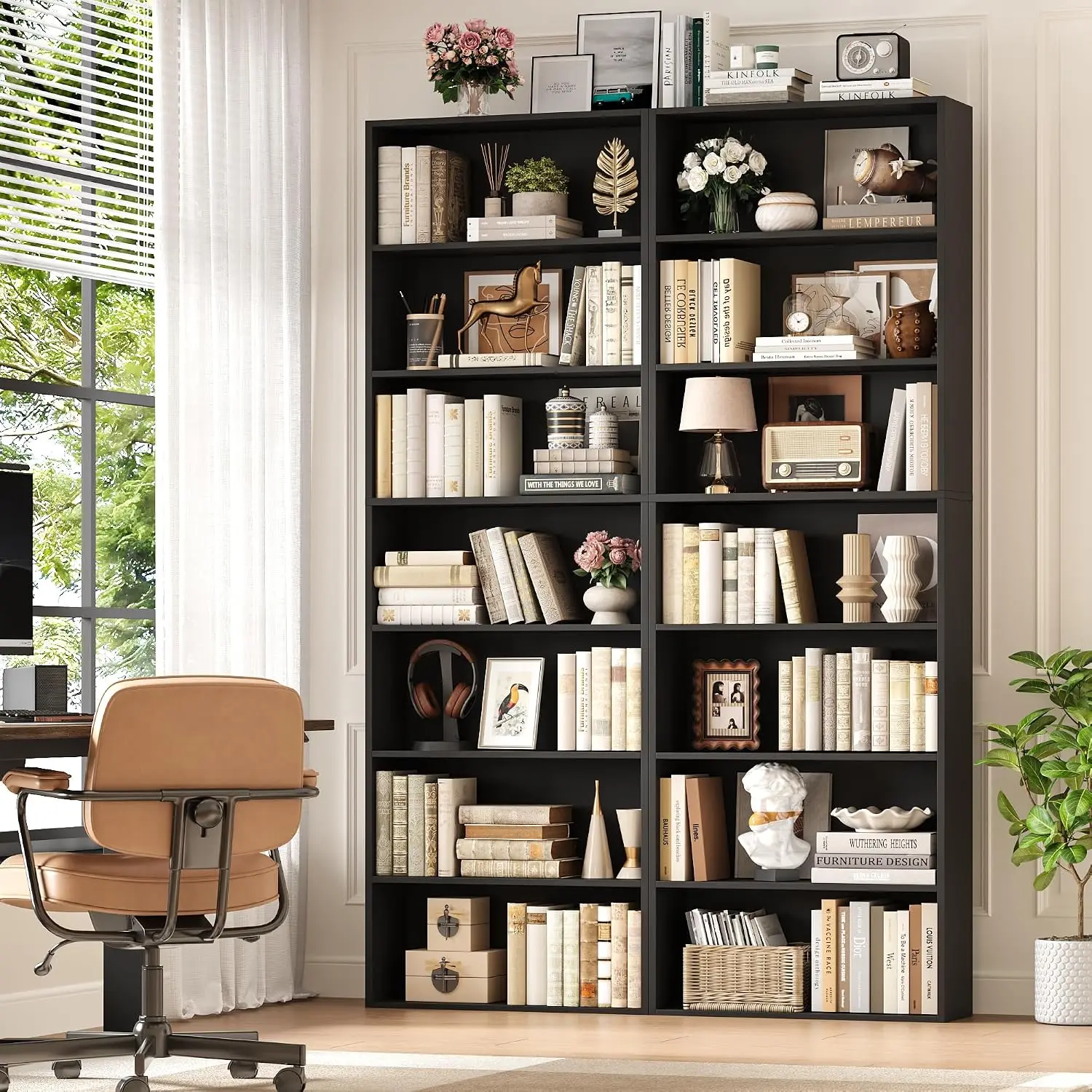 Tall Open Bookshelf Storage Display Shelving Unit For Living Room Home Office, Multi Tier Standing Organizer Rack Freestanding Narrow Tower, Modern Minimalist Style, Black Color, 1 Piece