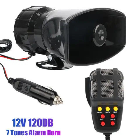 120dB 12V Car Horn Police Warning Siren Loud Speaker 7 Multi-tone Claxon Horn Car Loudspeaker Megaphone Cigar Lighter Adapter