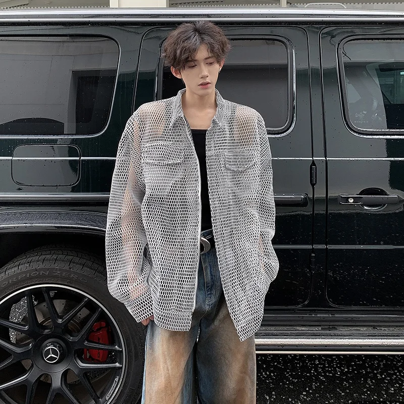 

Летняя тонкая сетчатая куртка с вырезами и прозрачными вставками в корейском стиле, стильная рубашка с длинными рукавами для защиты от солнца для молодых мужчин