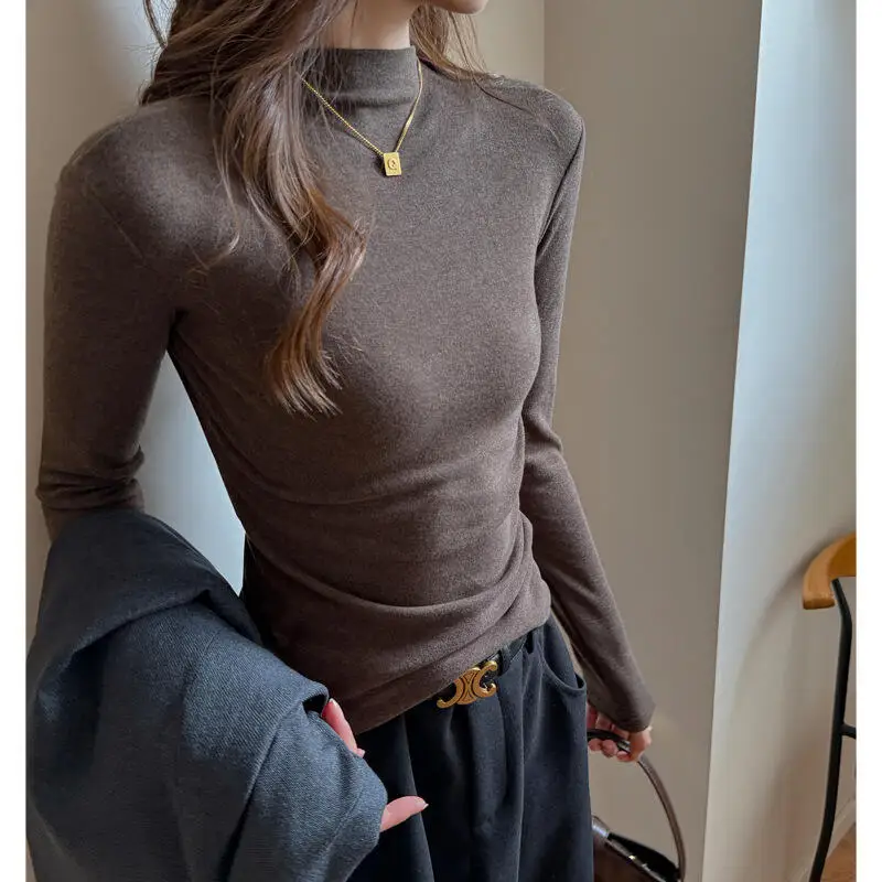 

Осенне-зимний женский облегающий базовый слой: топ с воротником-стойкой, минималистичный, универсальный, мягкий и приятный на ощупь, пуловер, начесанная внутренняя одежда