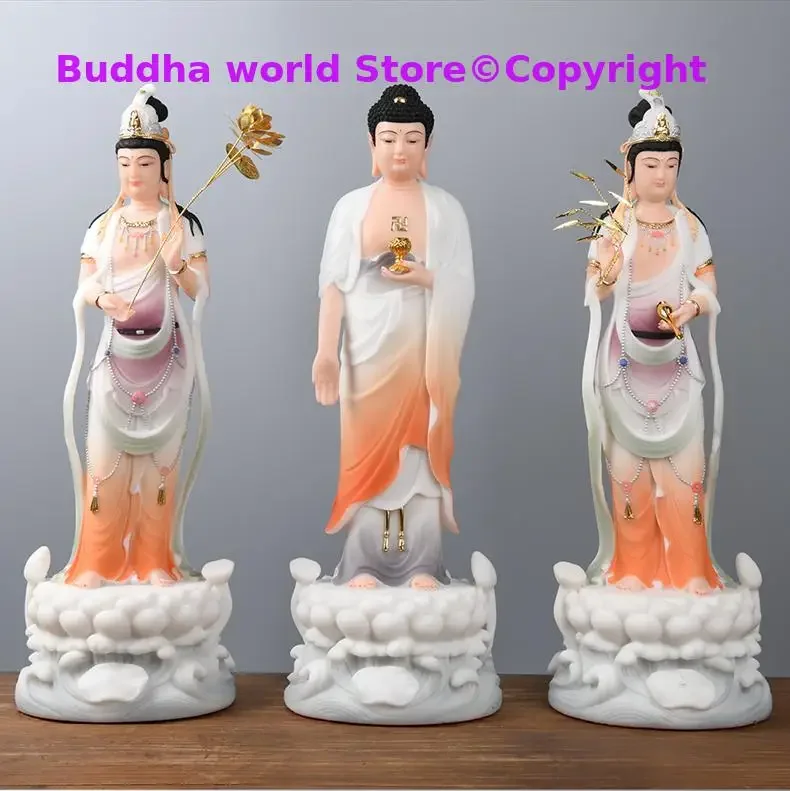 Large 3P A set HOME Shrine protection Buddhism jade XI FANG SAN SHENG Standing Guan yin Amitabha Mahasthamaprapta Buddha statue