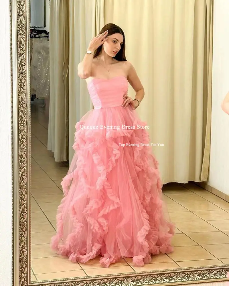 Qunque Elegant A Line Sweetheart Tulle Prom Dresses With Ruffles Customized Long Formal Occasion Dress Sleeveless Party Dresses