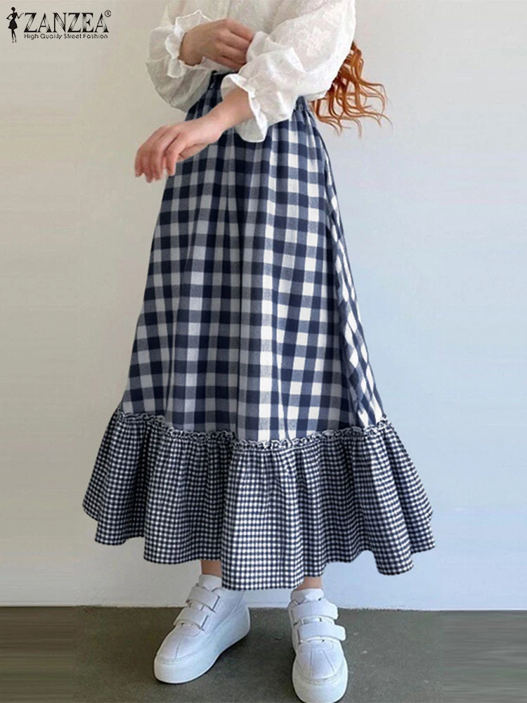

ZANZEA Women Bohemian Plaid Maxi Skirts 2025 Summer High Waist Long Skirt Casual Loose Vintage Skirts Ruffled Oversized Buttoms