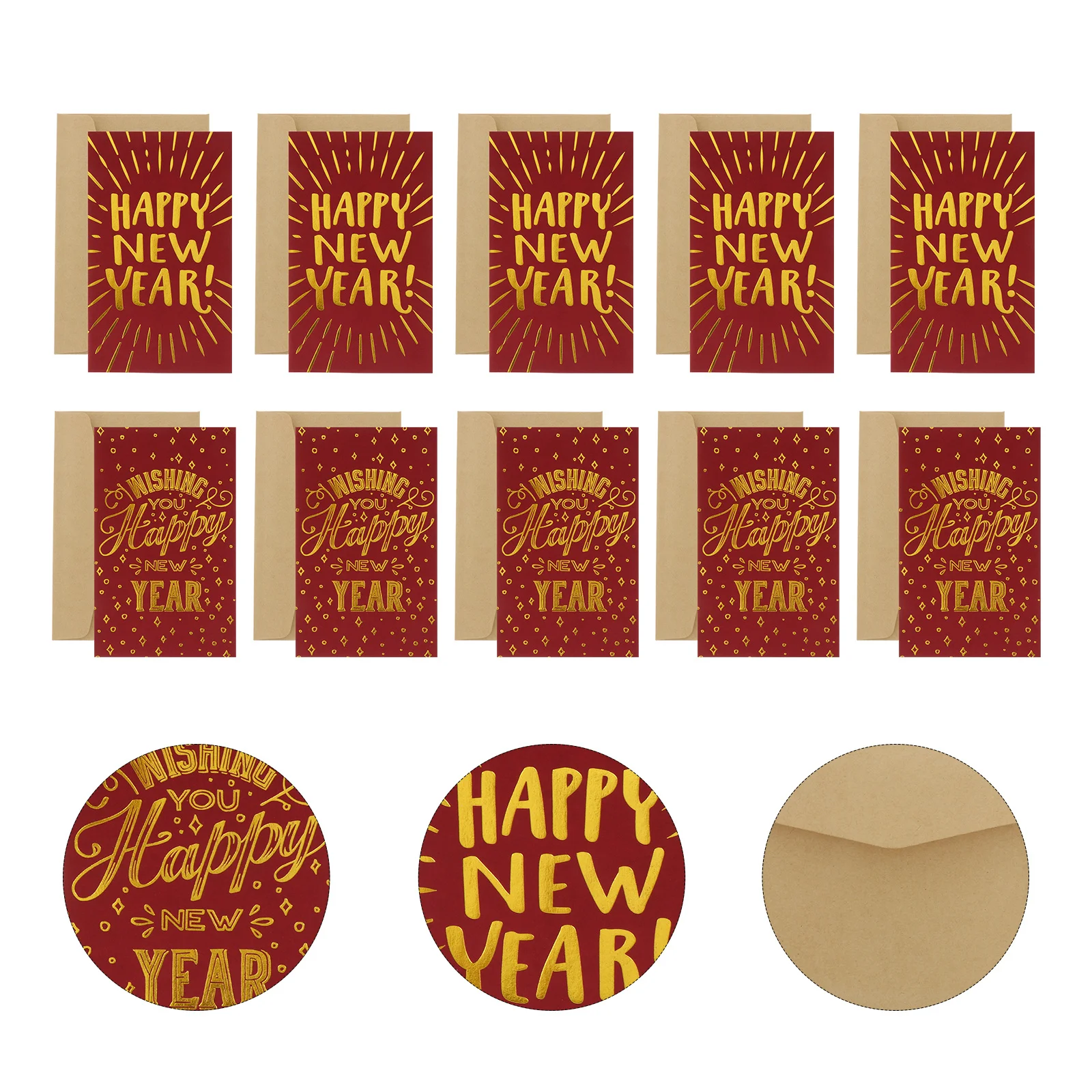 10pcs New Year Greeting Cards Spring Festival Red Design Eco-Friendly Paper Golden Print Holiday Gift For Kids Friends Wishes
