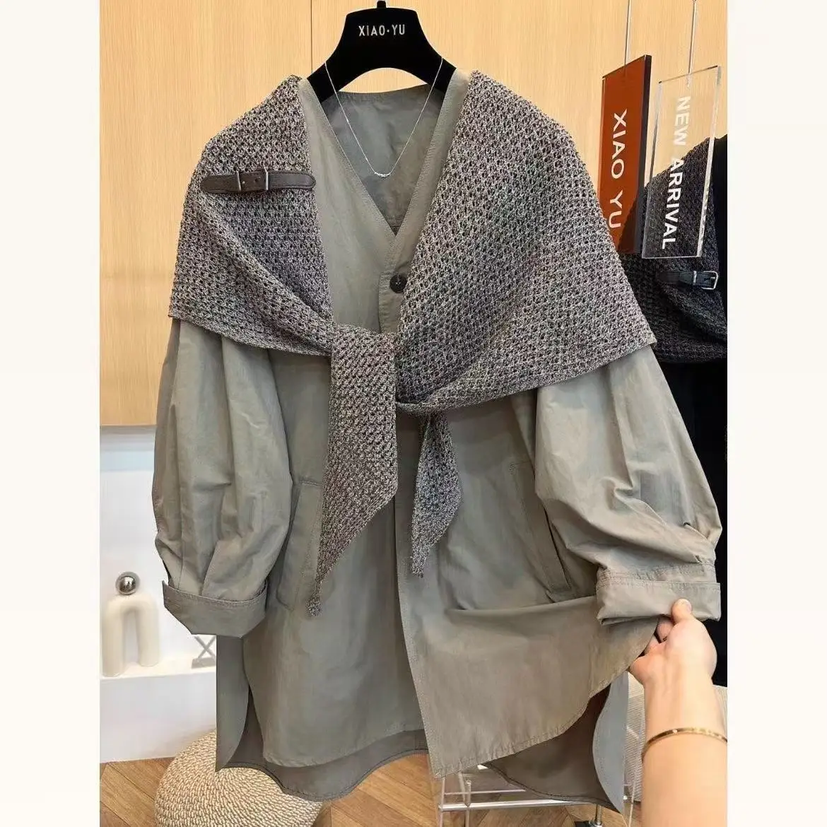 

Loose Knitted Long Sleeve Women's Shirt Two-Piece Set plus Size Casual Slimming Top Comfortable V-Neck Button-Up Fashion