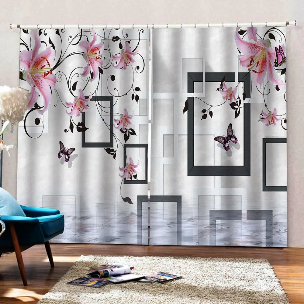 Pink curtains flower lily 3D Curtain Luxury Blackout Window Curtain Living Room stereoscopic curtains