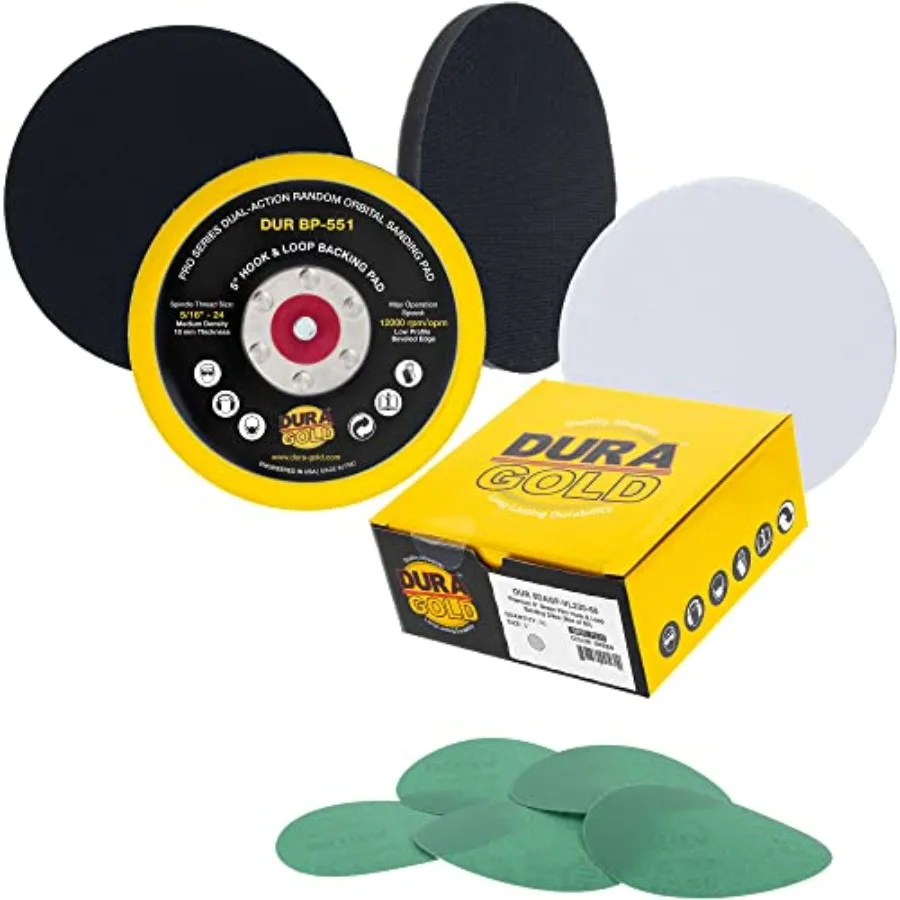 

5-дюймовые шлифовальные диски - зернистость 220, крепление на липучке, опорная тарелка DA и прокладка с мягкой интерфейсной подушкой