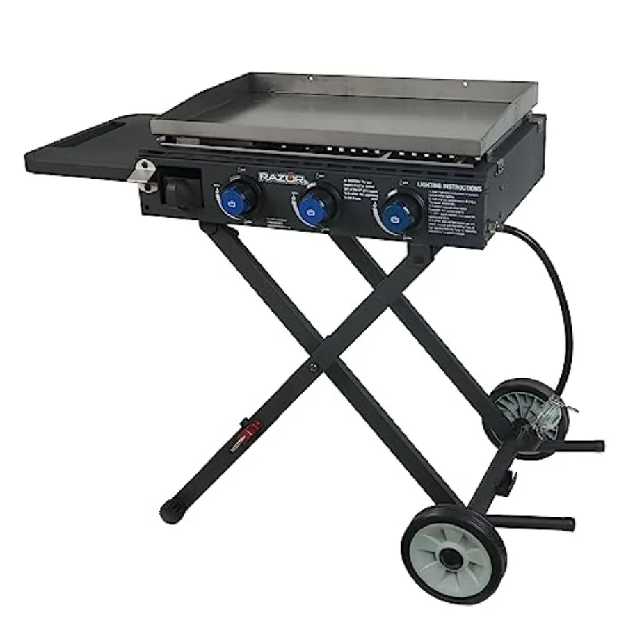 Plancha de Gas y Parrilla Portátil de Propano para Barbacoa en el Patio Trasero con Carrito y Estante, Diseño Compacto de Acero Inoxidable Negro con Almacenamiento