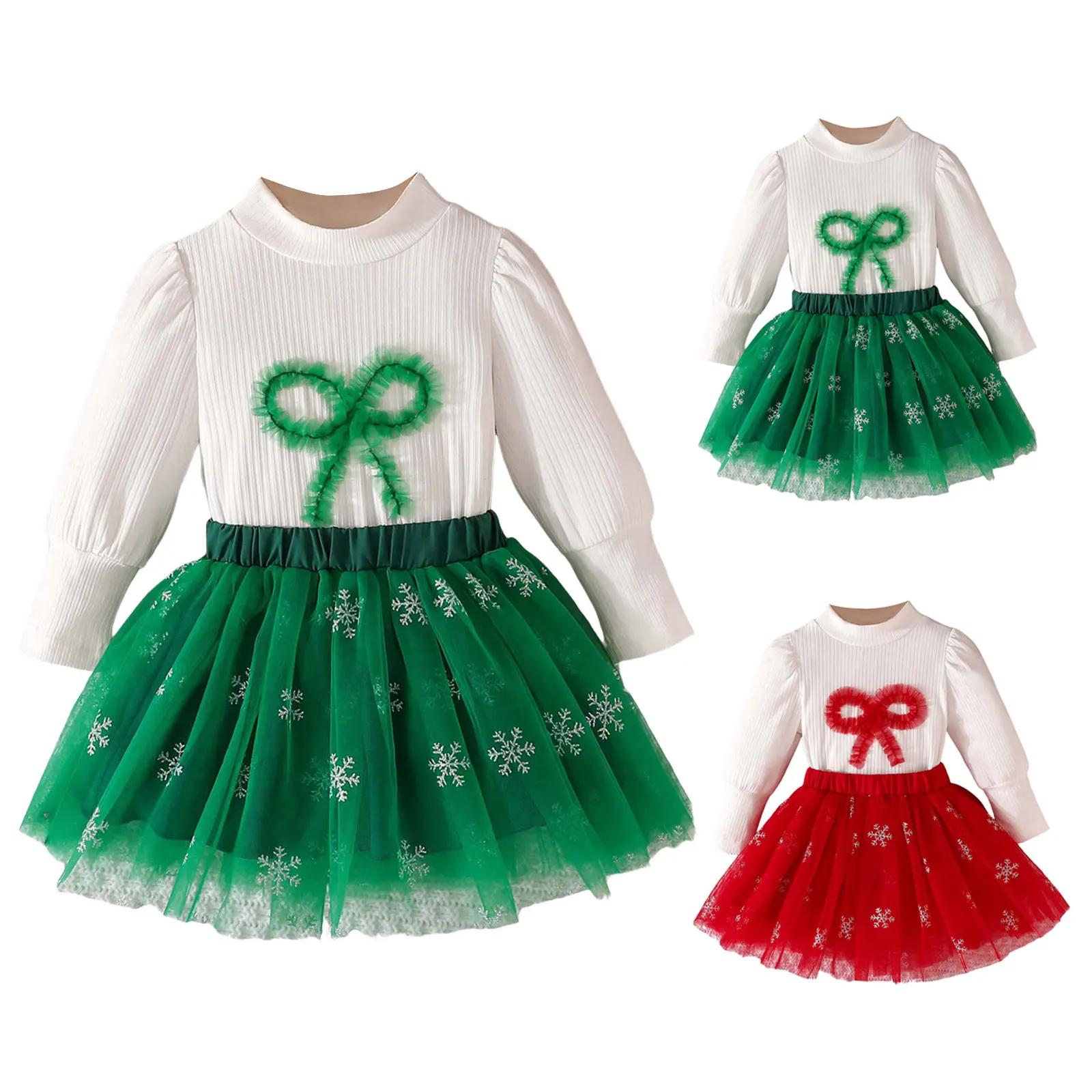 

Toddler Girl Christmas Dress Sweet Long Sleeve Ribbed Bow Print Top Snowflake Mesh Dress Two Piece Set Baby Girl Matching Set