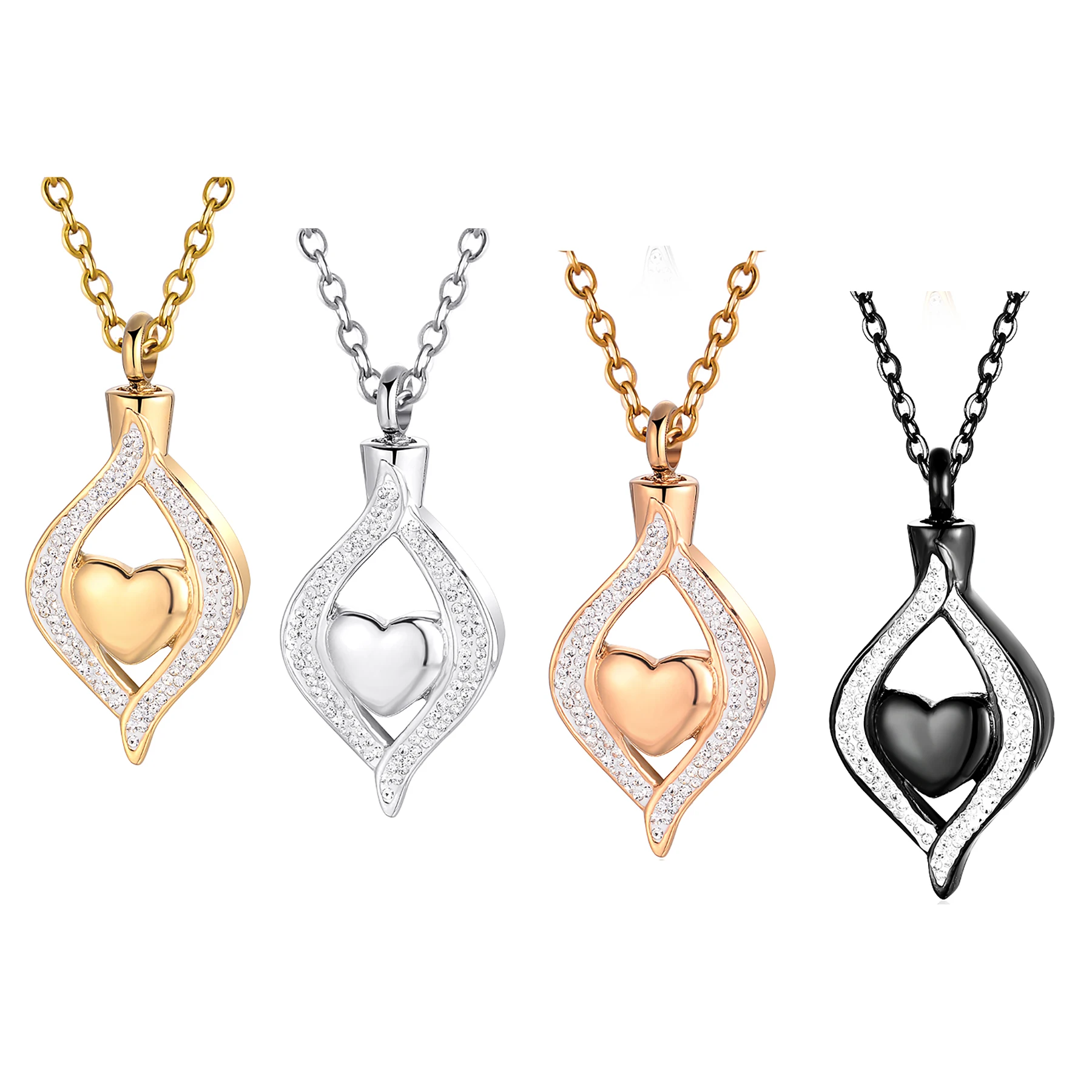 Stainless Steel Crystal Teardrop Heart Urn Necklace for Ashes Cremation Memorial Pendant Daily Wear Jewelry Gift 4 Color