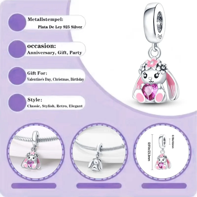 

925 sterling silver animal series flower rabbit heart pendant charm fits original bracelet, women's DIY jewelry