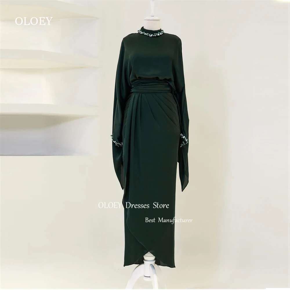 

OLOEY Modest Emerald Green Silk Evening Dresses Dubai Arabic High Neck Shiny Beads Prom Gowns Formal Party Occasion Dress