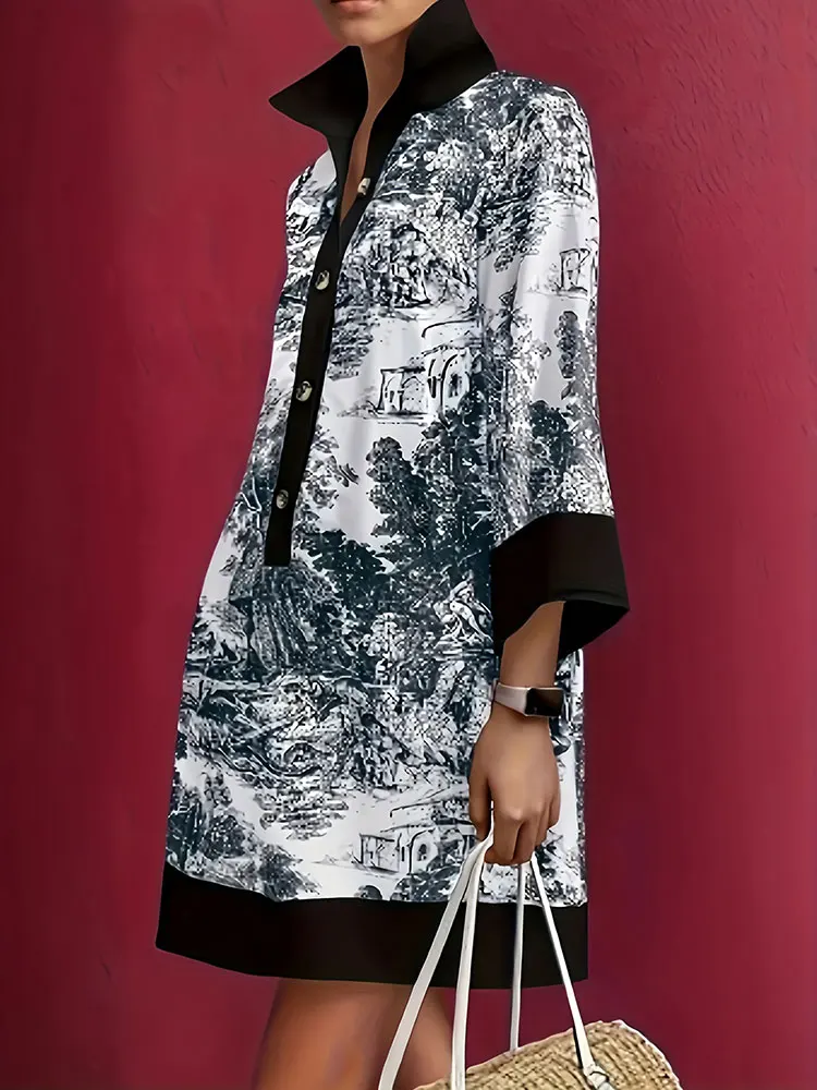 بيع التخليص حجم كبير طباعة المناظر الطبيعية زر أسفل ثلاثة أرباع كم فستان قصير ملابس النساء الصينية الأنيقة