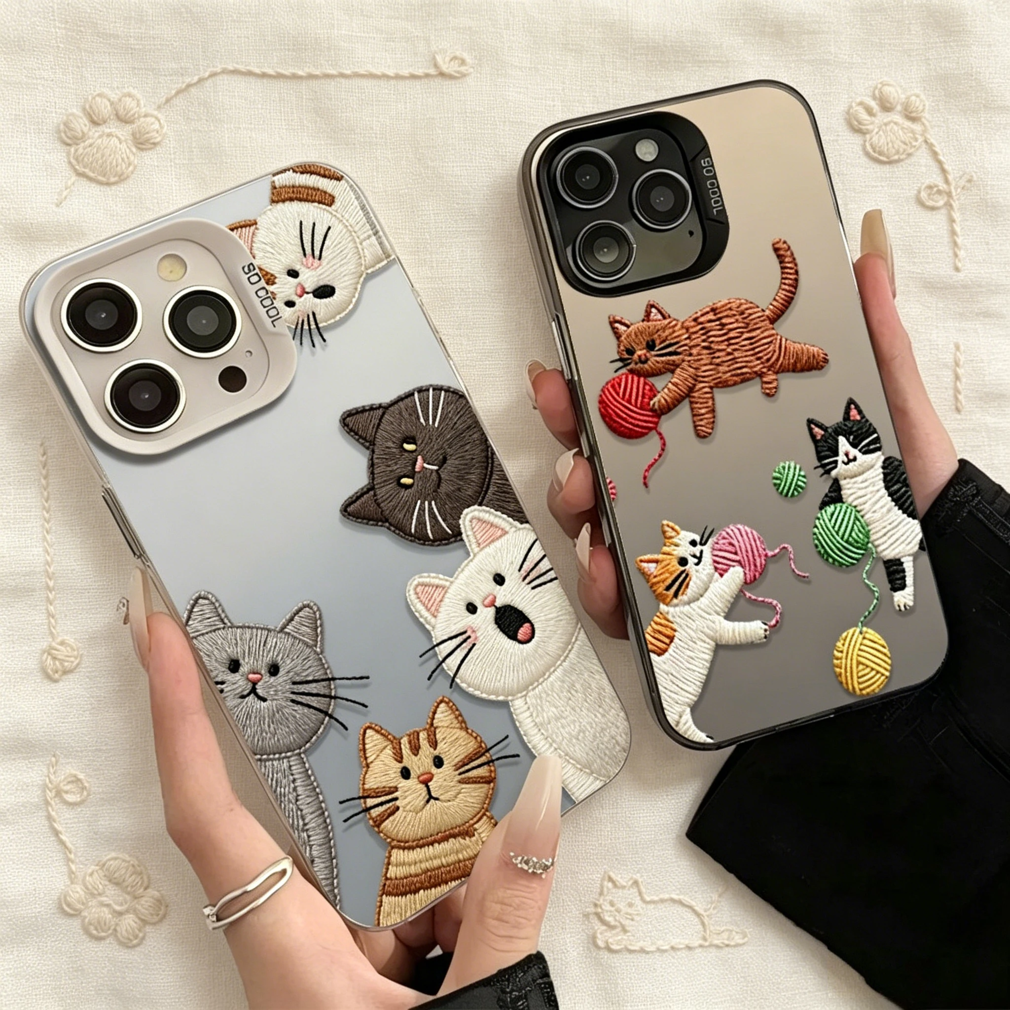 Cartoon Fake Embroidered Cat Phone Case for Samsung Galaxy S25 Edge S26 S24 S23 Ultra S22 S21 Plus FE A57 A37 A17 A07 4G Cover