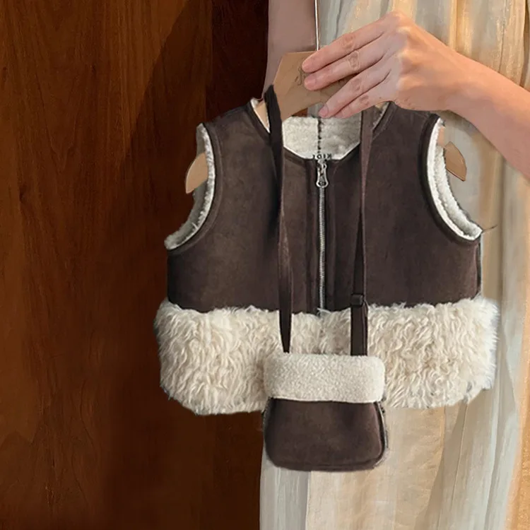

Детский зимний комплект из двух предметов для девочек, кофейный утепленный жилет без рукавов для маленьких девочек, детский жилет + сумка на молнии