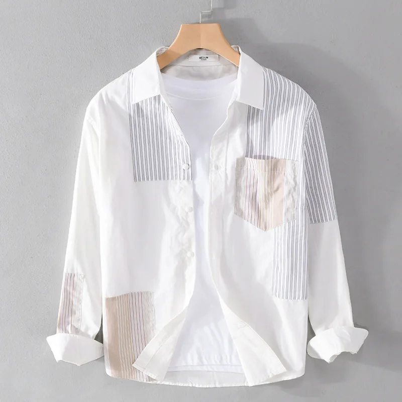 Camisa casual masculina com emenda listrada de manga comprida, casaco solto de algodão, tendência juvenil, primavera, outono, 2023