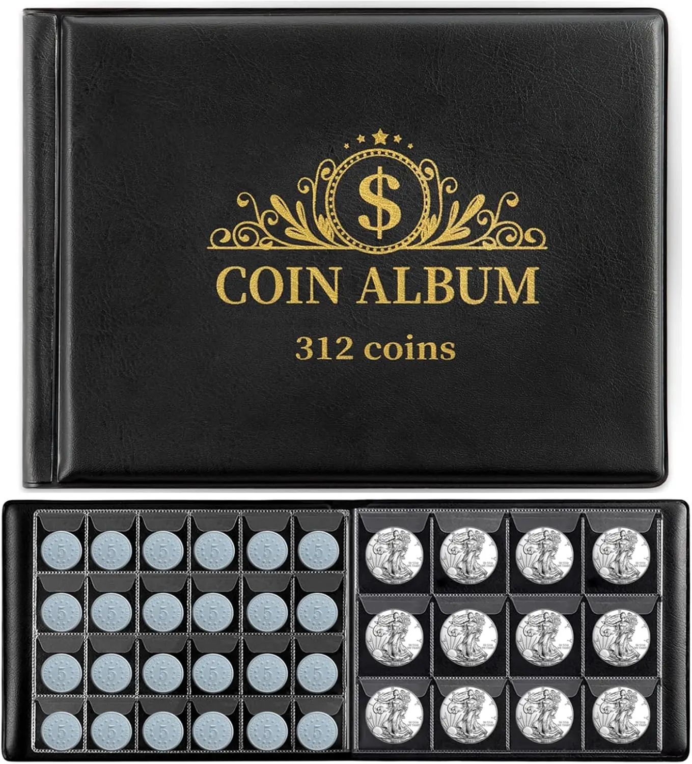 

312 Pockets Coin Collection Album, 16 Pages Coin Holder Book for Collectors, 2 Grid Sizes, 8x6 Inches