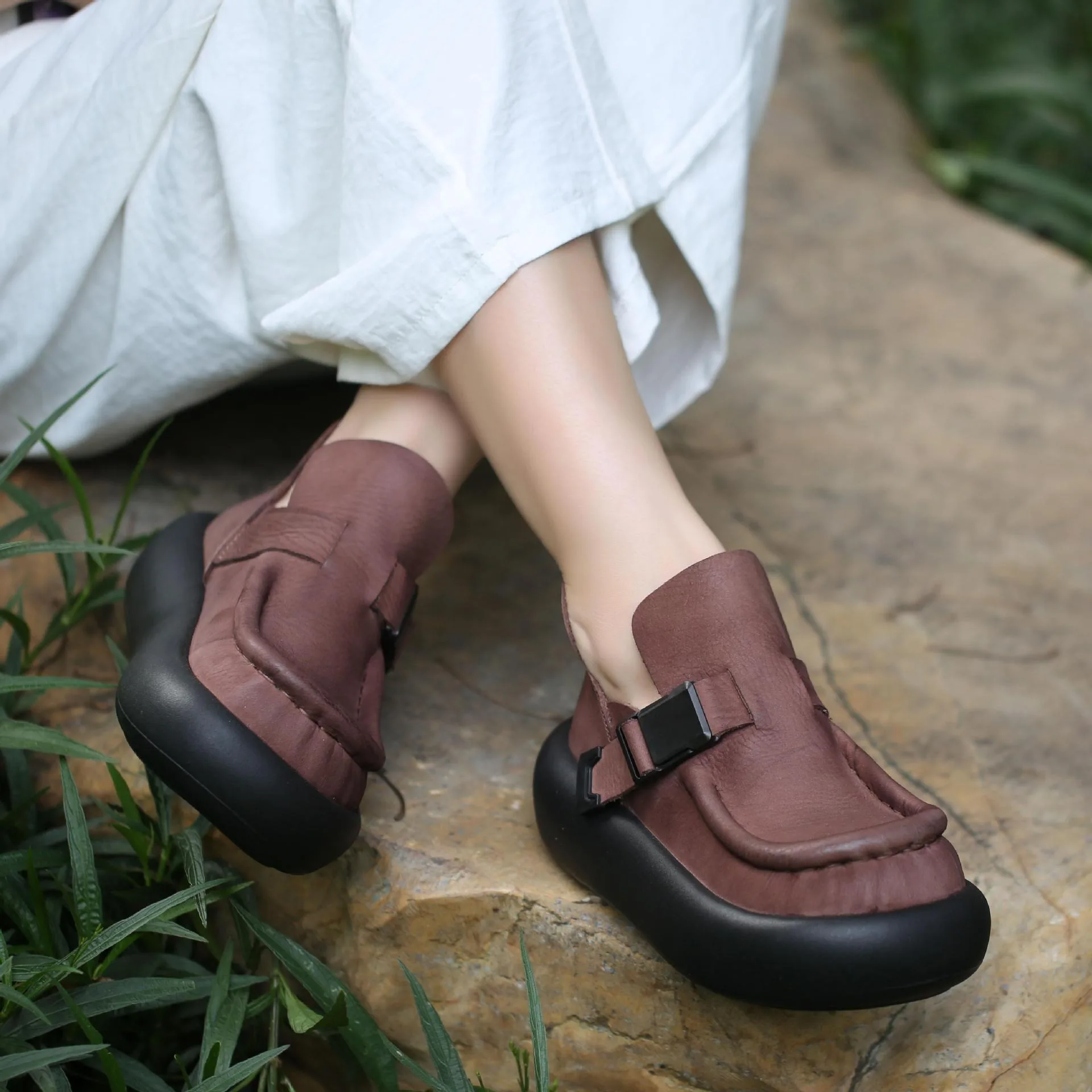 Birkuir Retro Thick Heel Flat Platform Shoes Genuine Leather Shoes For Women Buckle Pleated Luxury Round Toe Lady Casual Shoes