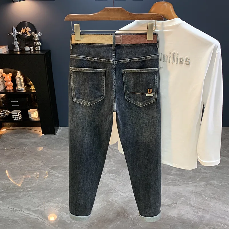 2025年秋のニューアメリカン トレンド カジュアル ブルー ジーンズ メンズ、万能、テーラード、スリム、テーパード スモールレッグパンツ