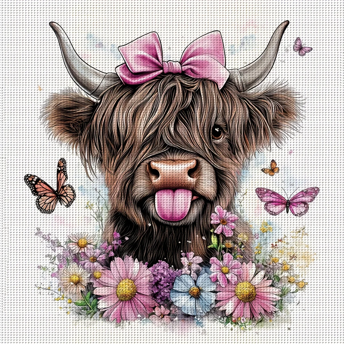 1PC 36X36cm/14.17X14.17inch, 11CT Print Cross Stitch DIY Kit, Bow Highland Cow, Adult Beginner's Relaxed Cross Stitch