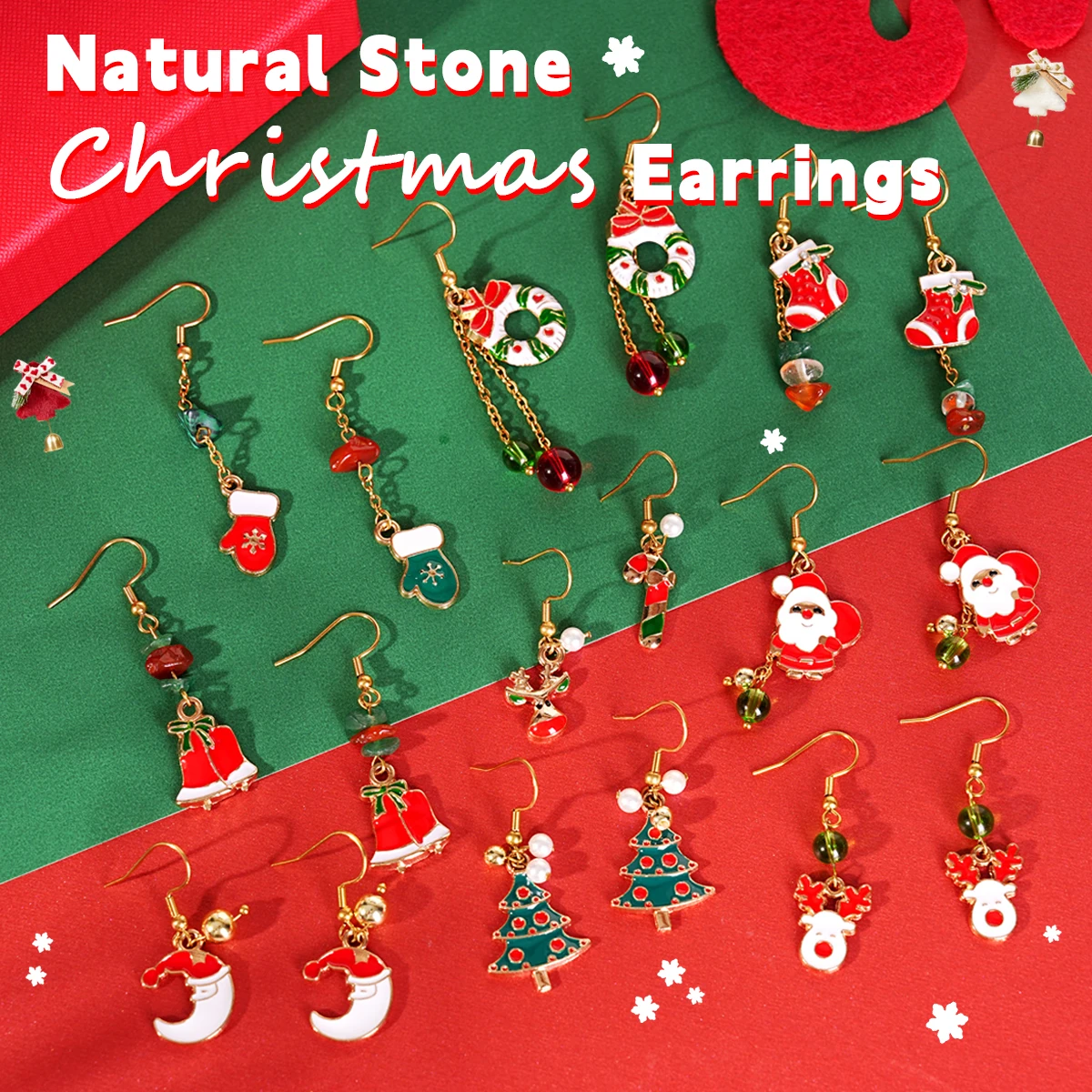 

JD 2025 Christmas Day Dangle Earrings With Natural Stone Elk Santa Claus Christmas Tree Earrings for Women Chic Healing Jewerly