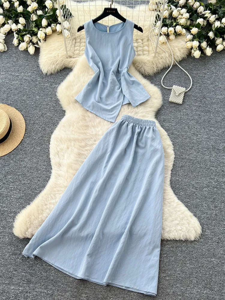 

Gentle style casual solid color two-piece set women's summer new round neck sleeveless irregular vest high waisted skirt