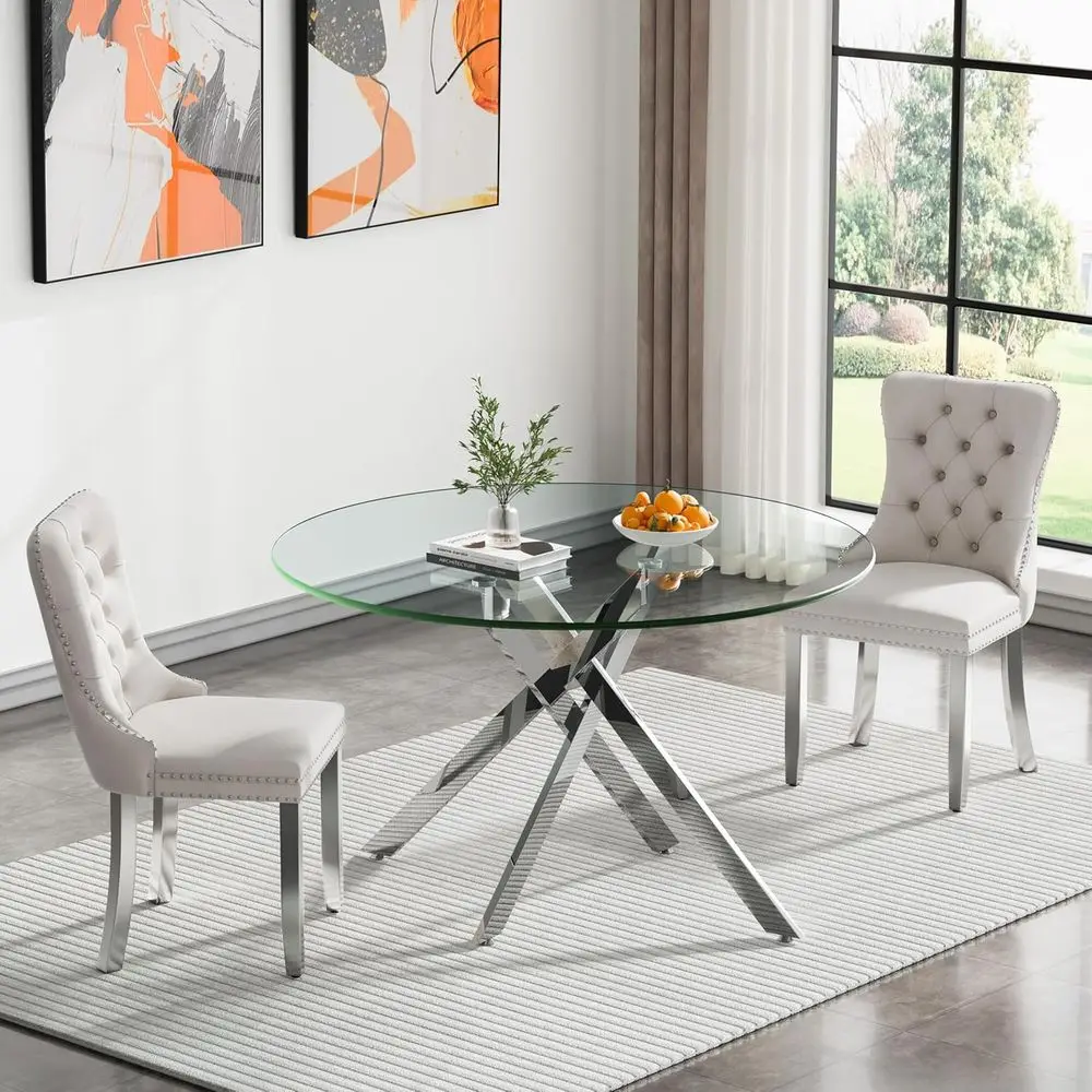 

Round Dining Table Set with 2 Beige Velvet Chairs, 47 Glass Top Table with Silver Legs, 3-Piece Breakfast Nook Set