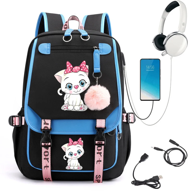 Students Backpack School Bag Back Pack Teenager Schoolbag Cartoon Cat Girls Backpack Canvas Usb Charging Cute Kitten Bagpack