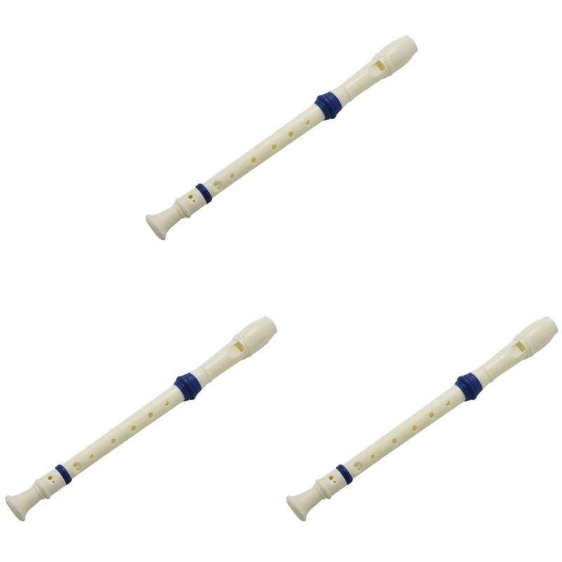 3X Students Plastic 8 Holes Soprano Recorder Flute Beige Blue W Cleaning Stick