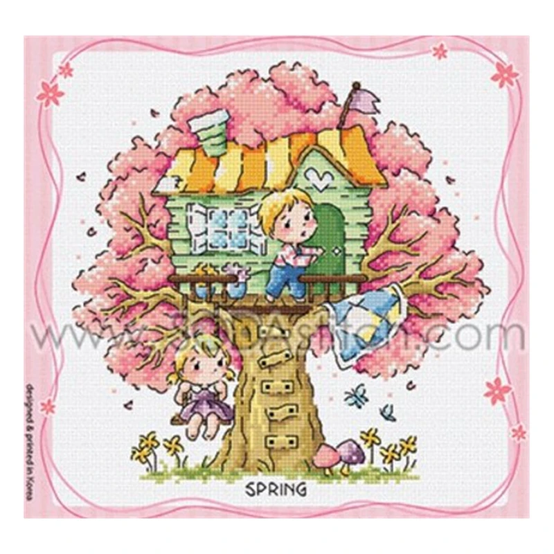 

The cross-stitch set of Four Seasons Treehouse Spring 28ct, 18ct, 14ct and 11ct can be selected from the printed fabric hand-emb