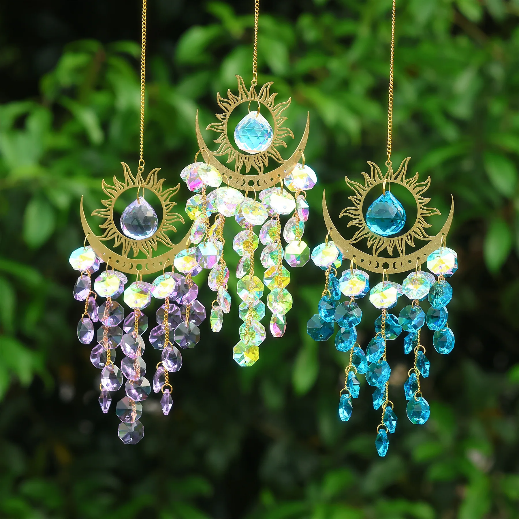 Sun and Moon Suncatcher - Large Crystal Wind Chimes for Outside Stained Glass Window Hanging Prisms Garden Ceiling Room Decor