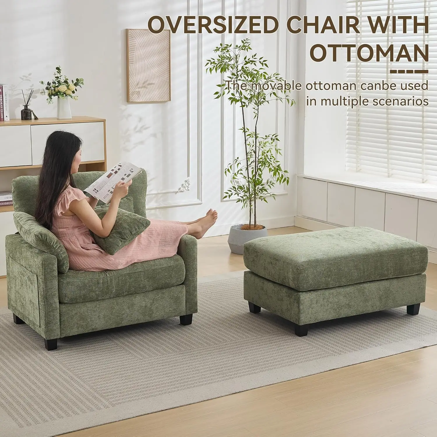 كرسي استرخاء كبير الحجم مقاس 57.5 بوصة مع داخلي عثماني، كرسي قراءة أخضر مع مسند وسرير أريكة، نوم مريح منجد بالشنيل
