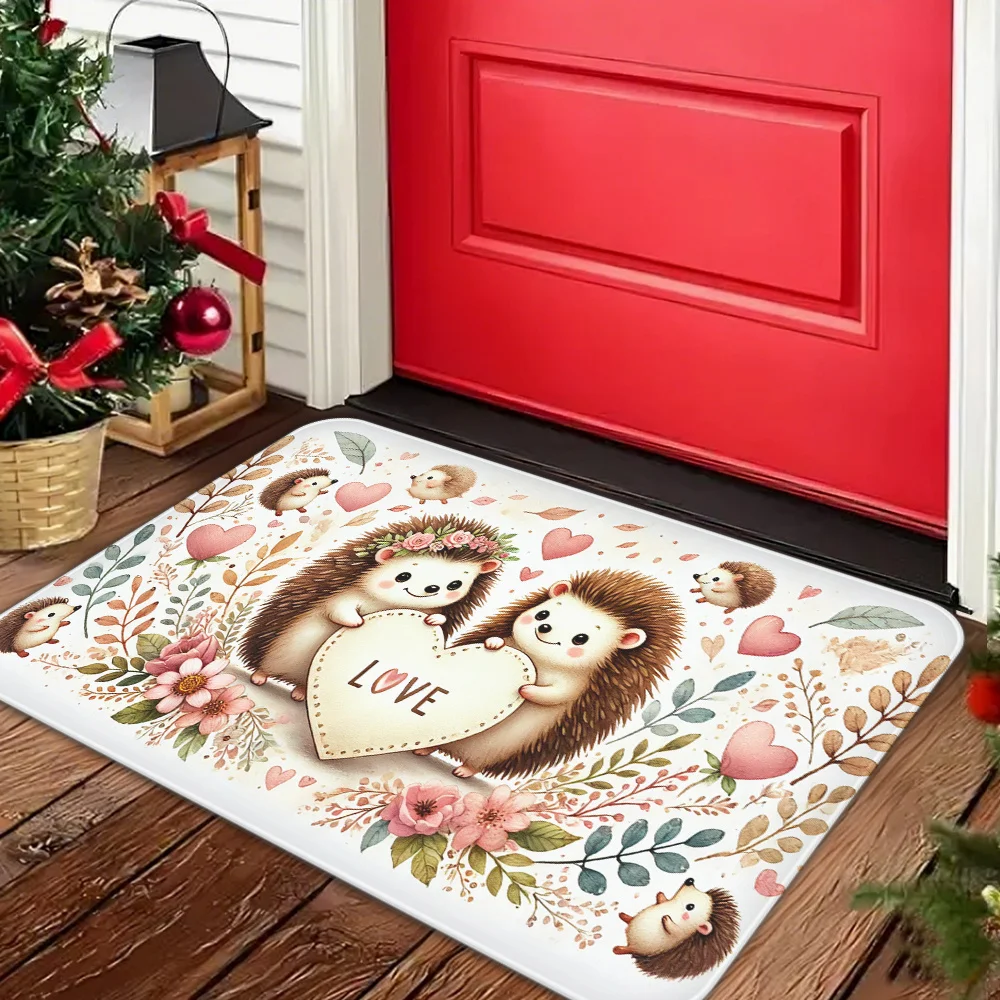 Hedgehog Love, Valentine's Day Gifts, Flannel Mat, Thickness Anti Slip, Machine Washable