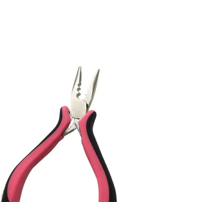 1 piece Pink handle carbon steel straight nose plier with 3 holes Feather hair extension clamphair extension tools