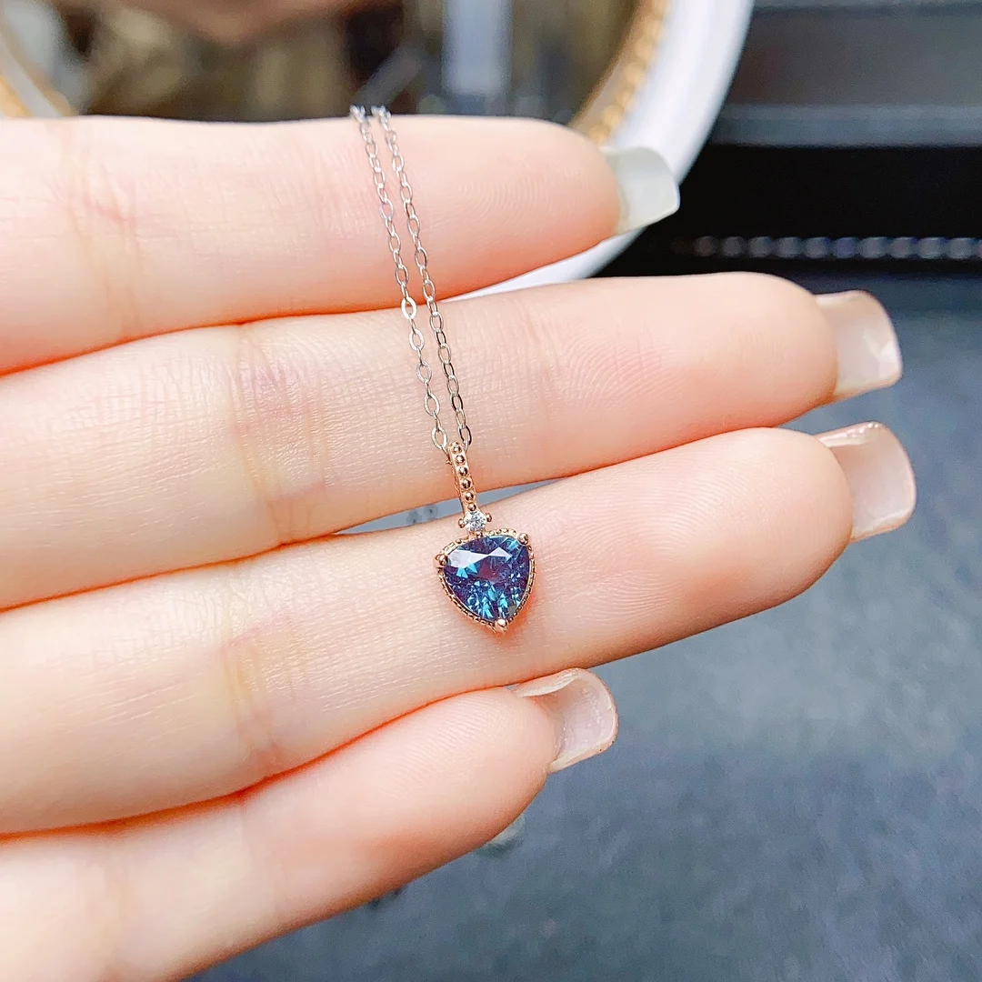 Dainty Trillion Cut Color-Change Alexandrite Pendant Necklace 925 Silver Rose Gold June Birthstone Wedding Alexandrite Necklace