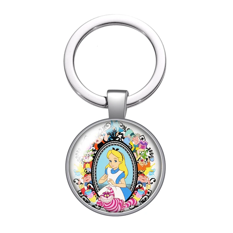 Disney Alice\'s Adventures in Wonderland glass cabochon keychain Bag Car key chain Ring Holder Charms keychains gift