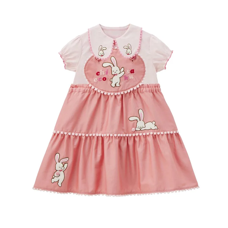 Girls Dress Summer 2024 New Cartoon Bunny Embroidered Pompom Strap Skirt Baby Dress