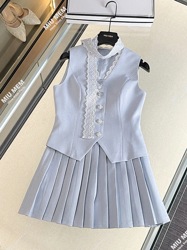 

High-End Women's Lace Vest Top + Pleated Skirt Set Summer 2025 V-Ne Faionable Two-Piece Polyester Fiber Buttoned
