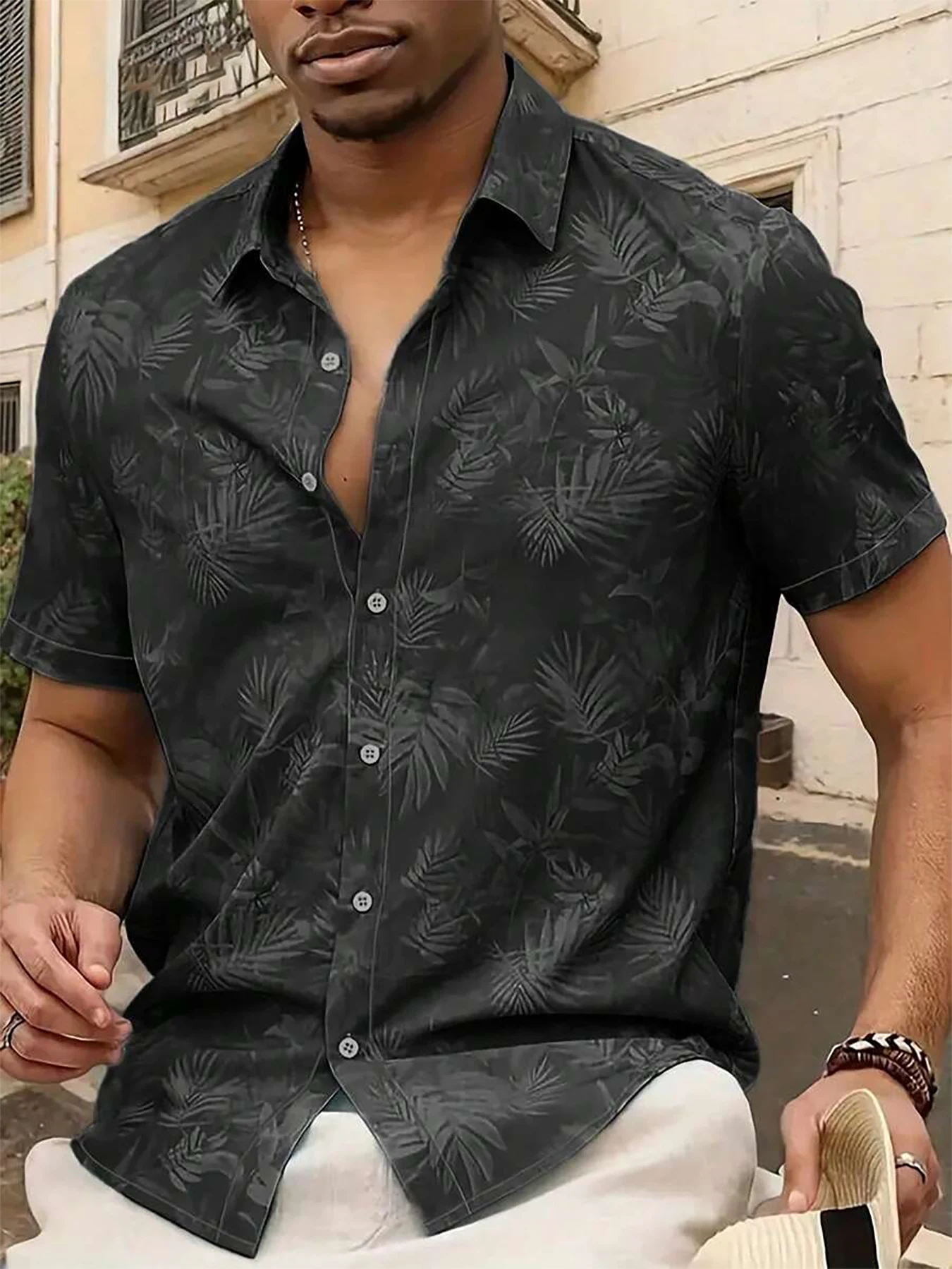 

Men's Premium Dark Tropical Print Camp Collar Shirt, Elevated Resort & Beach Vacation Wear