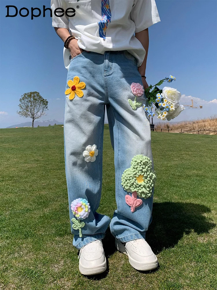 

Men's 2025 Summer New Trendy Creative Denim Pants Male Fashion Handmade Petal Jeans Retro Loose Wide-leg Straight Denim Trousers