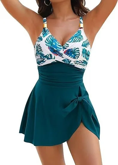 2026 New 8 Colors Cute Women Swimdress Tummy Control Sexy One Piece Slim & Comfortable Ruched & Cross Swimwear Elastic Beachwea