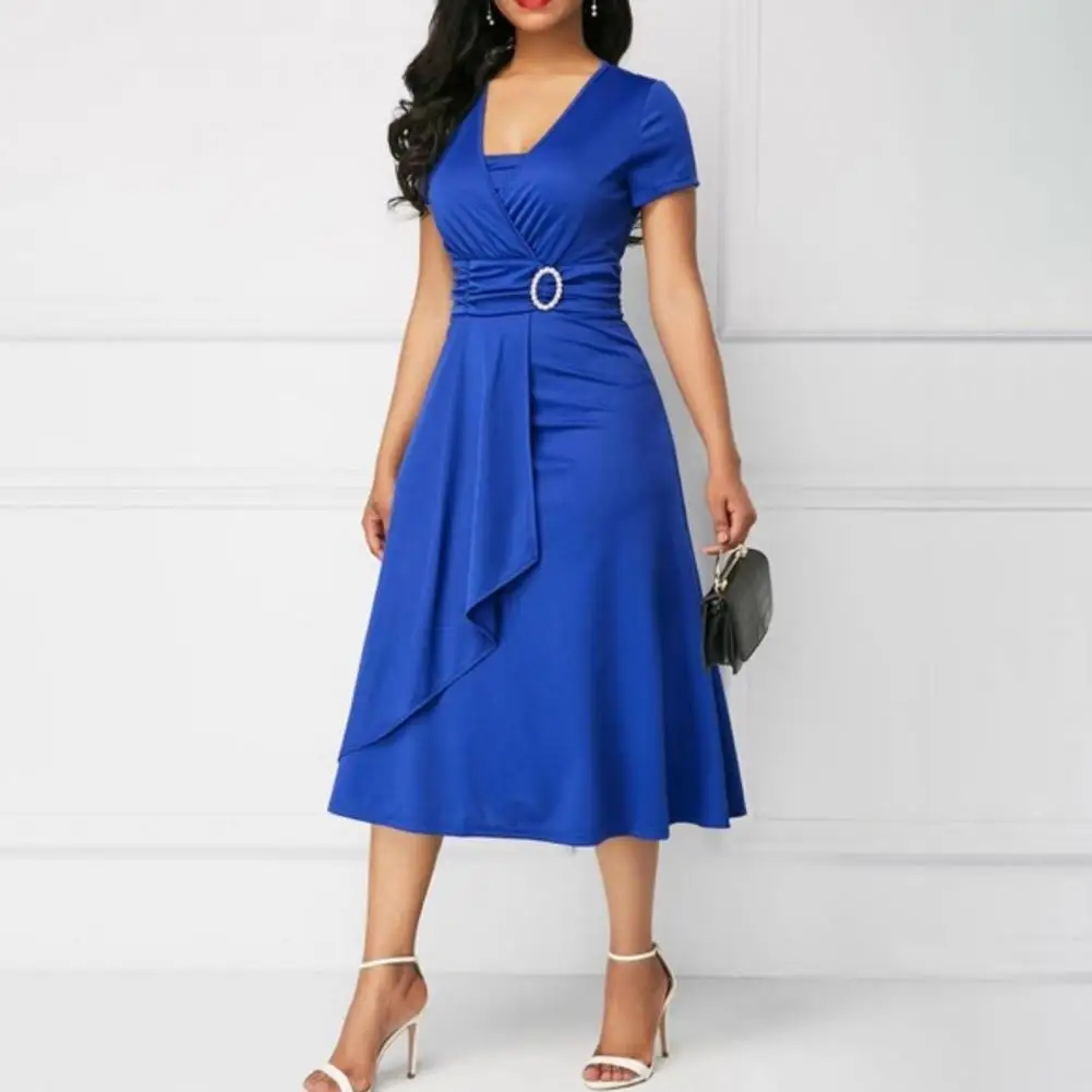 Robe de cocktail pour femmes, tenue de soirée décontractée, col en v, manches courtes, taille serrée, slim