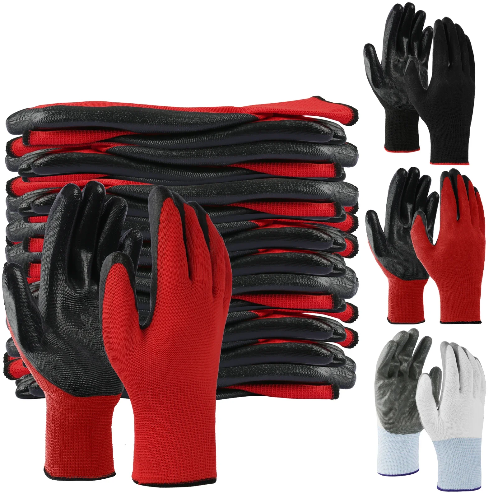 

12Pairs Garden Man Safety Gloves With Knitted Red Nylon Dipped PU Nitrile Coated Security Protective Work Gloves Glove