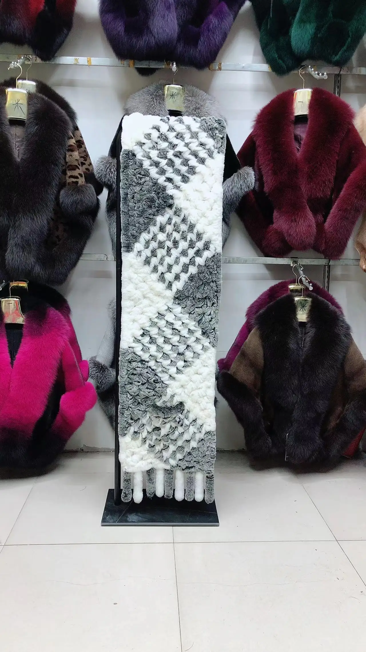 190*36cm Winter Gestrickte Echt Rex Kaninchen Fell Schal mit Tasche Breite Frauen Natürliche Kaninchen Fell Quaste Schal warm Langen Fell Schals – Detail 17