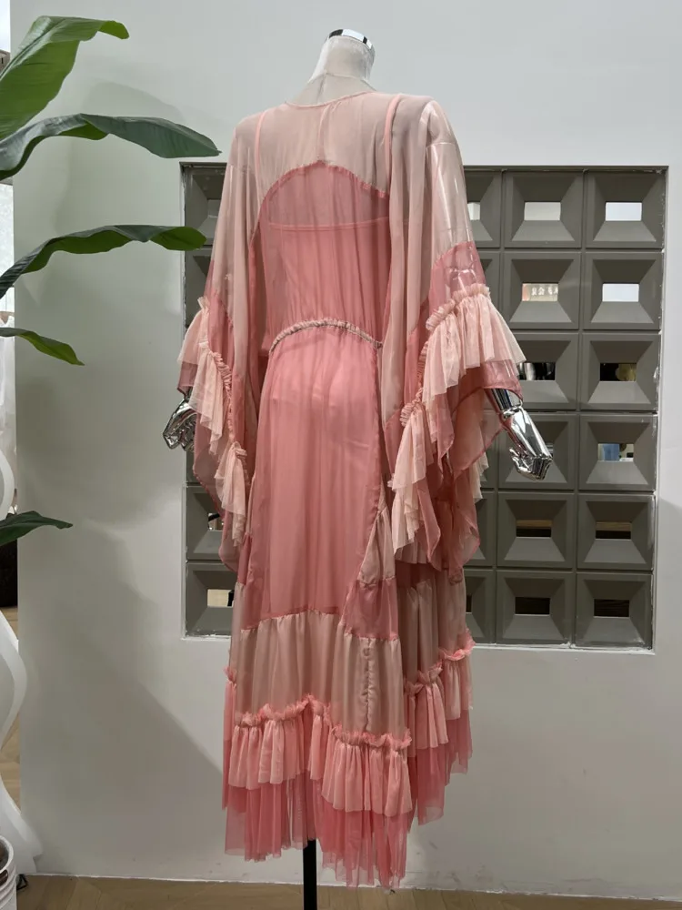 DFDG 2025 SS Damska Różowa Prześwitująca Sukienka Plażowa z Szyfonu Elegancka Sukienka Resortowa z Dekoltem w Serek i Patchworkiem Luźna Sukienka Wakacyjna w Stylu Boho