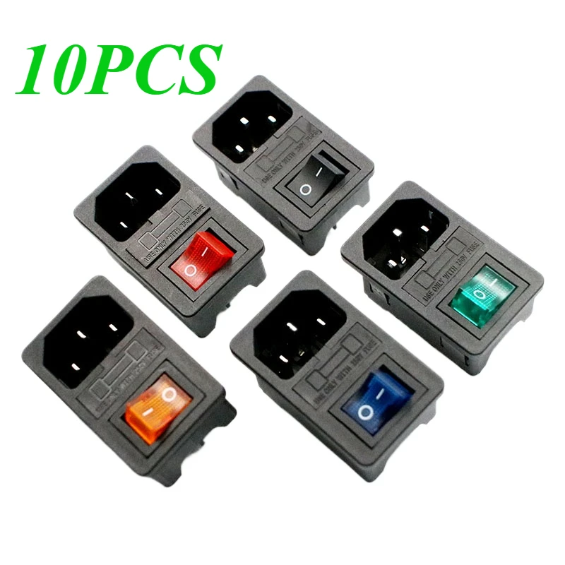 10pcs Red Rocker Switch Fused IEC320 C14 Inlet Power Socket with10A Fuse 3 pin Switch Connector Plug Connector Red Green Blue