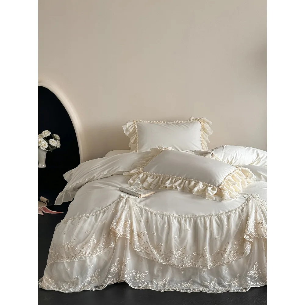 French Romantic Pure Cotton Four Piece Set with Lace Edging Duvet Cover Bedspread Four Seasons Bedding for Bedroom