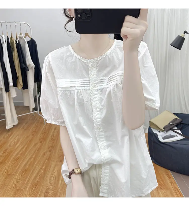 여름 한국 순수 코튼 레이스 스플 라이스 랜턴 슬리브 여성용 연령 감소 탑을위한 반팔 셔츠 새로운 다목적 셔츠