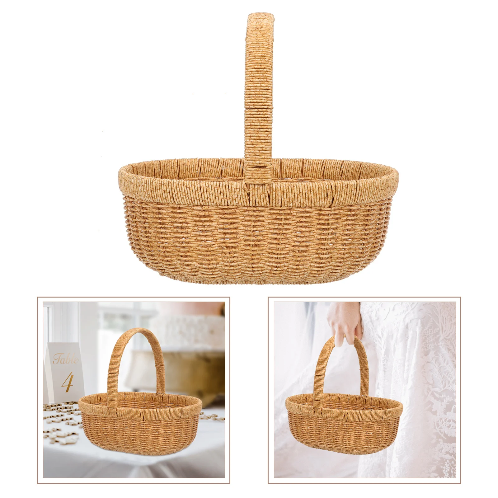 

Plastic Imitation Rattan Picnic Basket Outdoor Handheld Storage Multipurpose Fruit Food Container Decorative Basket for Camping
